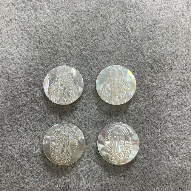 White Mother of Pearl Shell Embossment Image Round Shape Virgin Guadalupe Cross for Jewelry Making Size 20mm