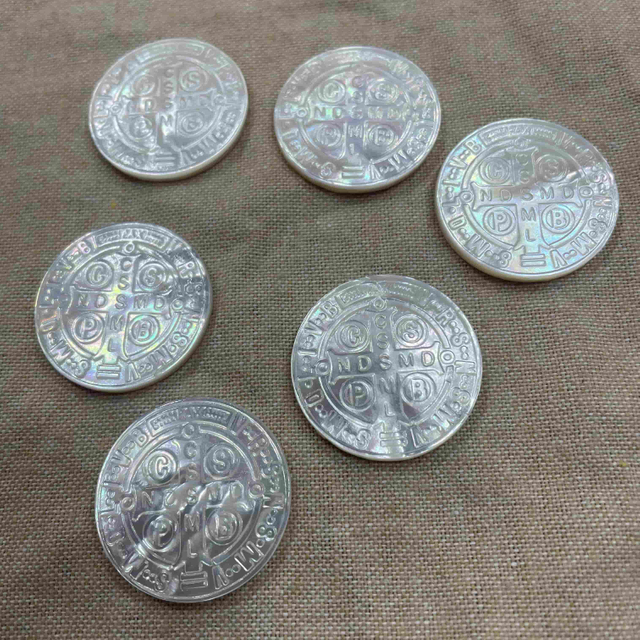 Natural Mother of pearl carving image cross V.R Saint Benedict embossment design for jewelry pendant DIY