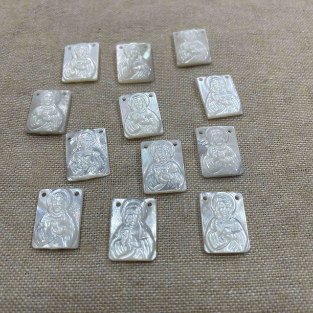 Natural Mother of pearl embossment image Jesus cutting square shape white shell carving jewelry parts icons design