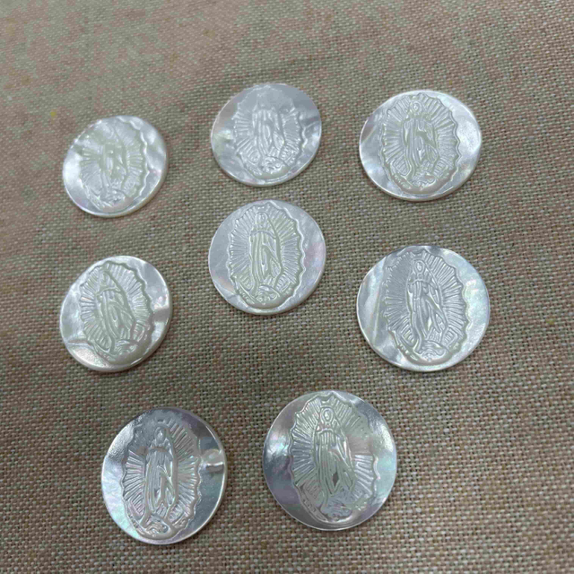 Natural Mother of pearl Guadalupe image cutting embossment design pendant making for DIY round shape cutting