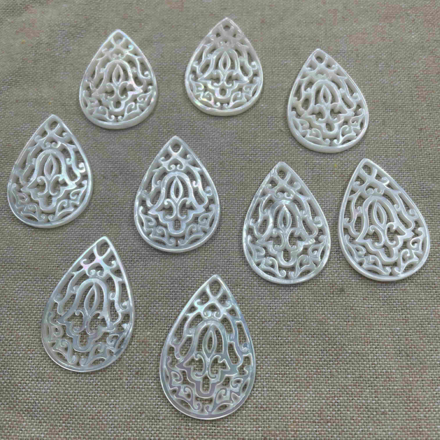 Natural Mother of pearl drop shape cutting hollow design pendant using embossment carving white shell jewelry parts