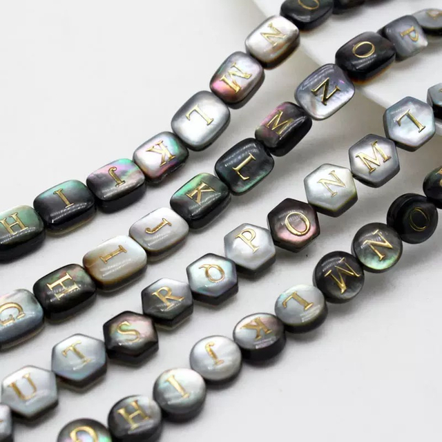 Natural Mother of pearl carving letter shape for chain using small size ietter cutting little size black shell beans for necklace