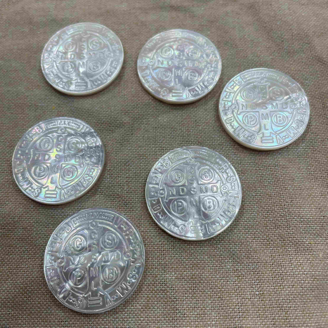 Natural Mother of pearl embossment image cutting St.Benedict Christian jewelry making inlay design pendant Senbenito