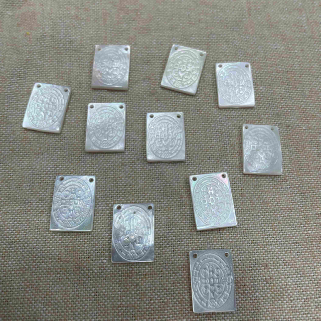 Natural Mother of pearl carving image cross V.R white shell square cutting embossment design icons for jewelry inlay making 