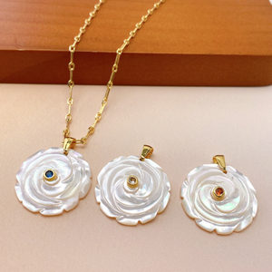 Natural Mother of pearl flower carving pendant for women jewelry design necklace making white shell with stone fashion design