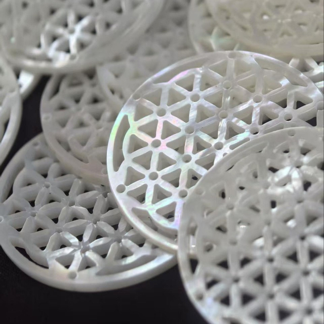 Natural Mother of pearl round pendant cutting hollow design face carving big size image for earrings making by handmade jewelry