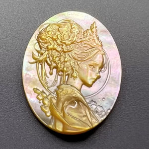 Natural Mother of pearl cameo design cutting oval shape big pendant lady face for women necklace making black shell cutting